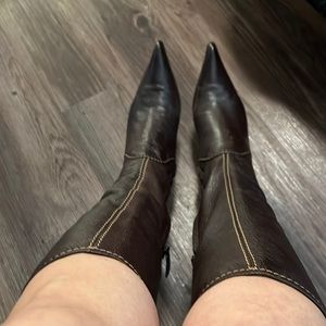 Barney’s New York dark brown leather kitten heel tall boot